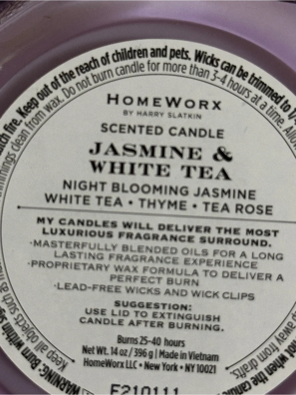 HOMEWORX BY HARRY SLATKIN JASMINE & WHITE TEA 3 WICK 14 OZ SCENTED CANDLE